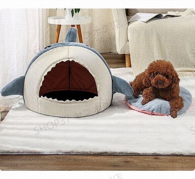 貓 犬 ベッド　サメ型ペットベッド ふわふわ　暖か もこもこ　キャット ペットハウス 滑り止め　クッション 柔らかい　秋冬 ブルー Sサイズ