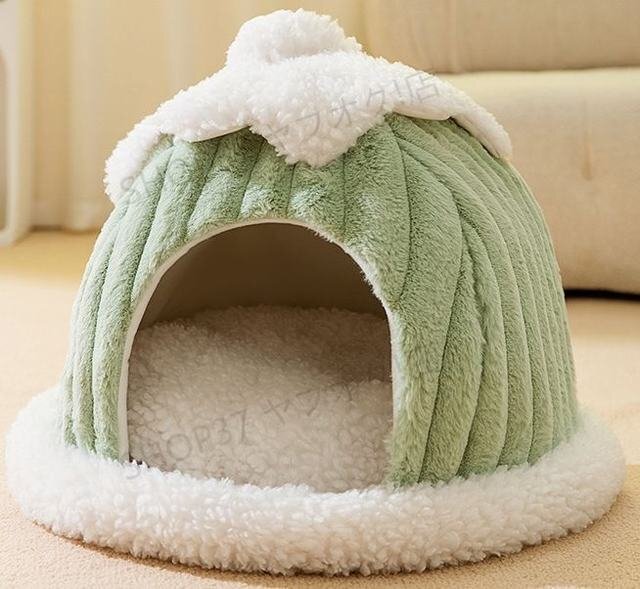 貓 犬 ベッド ふわふわ　暖か カボチャ形　キャット　ペット用品 ペットハウス　滑り止め　クッション　柔らかい　秋冬 グリーン Sサイズ