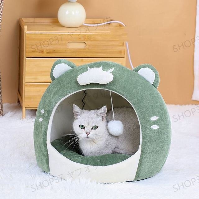 貓 犬 ベッド　 ふわふわ　暖か もこもこ　キャット　ペット用品 ペットハウス　滑り止め　クッション マット柔らかい　秋冬 グリーン