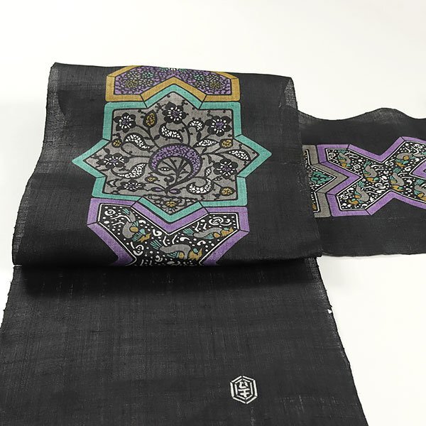 【和游館】ONK1586　夏帯仕立付！「栗山吉三郎」本大麻和染紅型九寸名古屋帯　トルコタイル