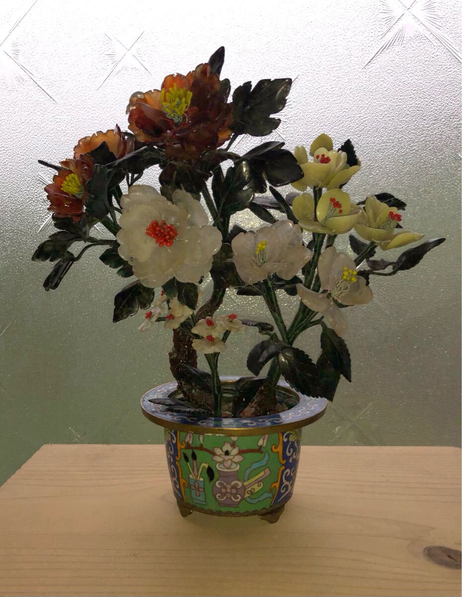 中国美術玉石盆景七宝花瓶 置物アート 貴石盆栽 七宝 中国美術 花 インテリア オブジェ 置物 玉石 盆栽