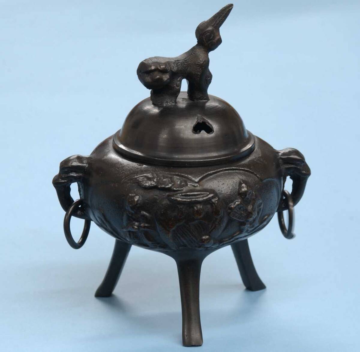 中国 金属工芸 三足 獅子 香炉 お香立て 高岡銅器 香炉 義峰作 獅子飾り三足香炉 金属工芸品 共箱(銅製