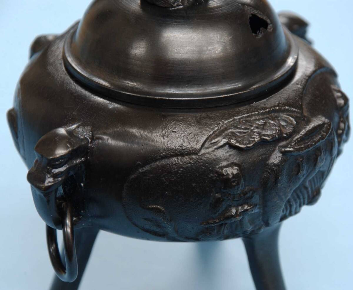 中国 金属工芸 三足 獅子 香炉 お香立て 高岡銅器 香炉 義峰作 獅子飾り三足香炉 金属工芸品 共箱(銅製
