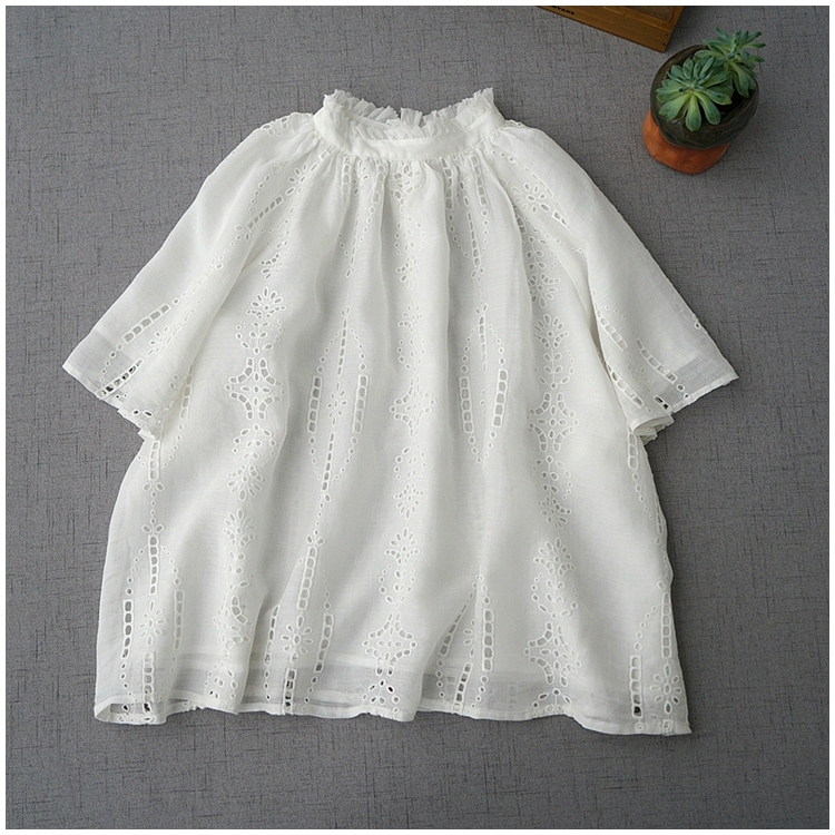 リネン100%スカラップ総刺繍ゆったり大人可愛い半袖トップス?