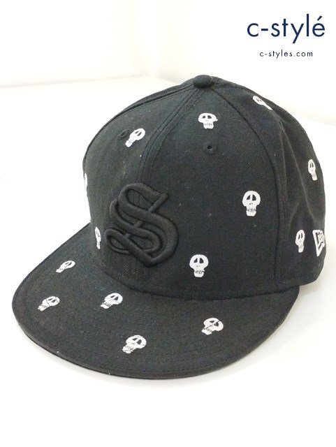 X191a [コラボ] STUSSY×NEW ERA ステューシー×ニューエラ キャップ 7?3/4 61.5cm ブラック 59FIFTY スカル刺繍 | ファッション小物 Q