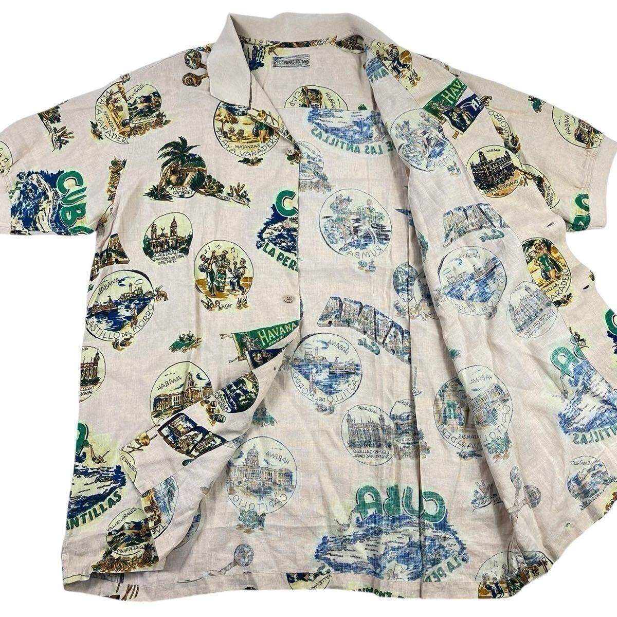 Lサイズ✨ 美品✨ PAPAS+ リネン シャツ ロゴ刺繍 アイボリー パパス 美品 Lサイズ 麻 100% PAPAS ISLAND リネン アロハシャツ