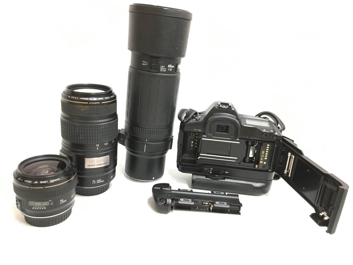 ☆ Canon 一眼レフカメラ まとめ ☆ EOS-1N + Kiss Digital + EF 75-300mm 1:4-5.6 IS USM + 28mm 1:1.8 USM 他 レンズ6本 キャノン