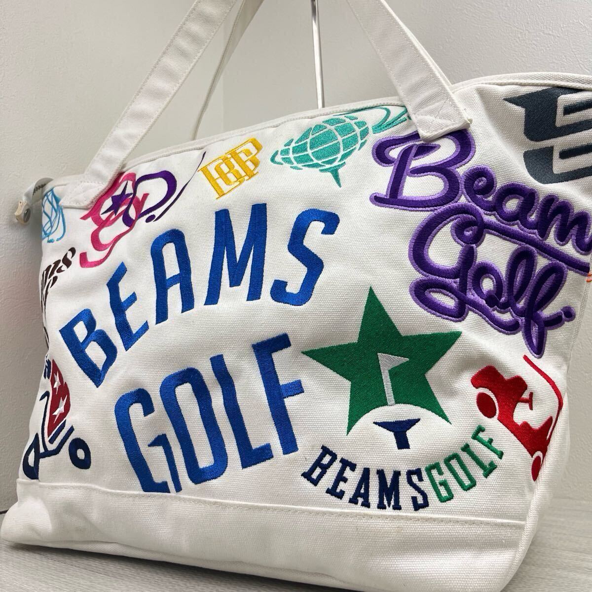 1円 大容量 希少 BEAMS GOLF ビームスゴルフ ゴルフバッグ トートバッグ カートバッグ 総柄 various キャンバス ホワイト 刺繍 メンズ