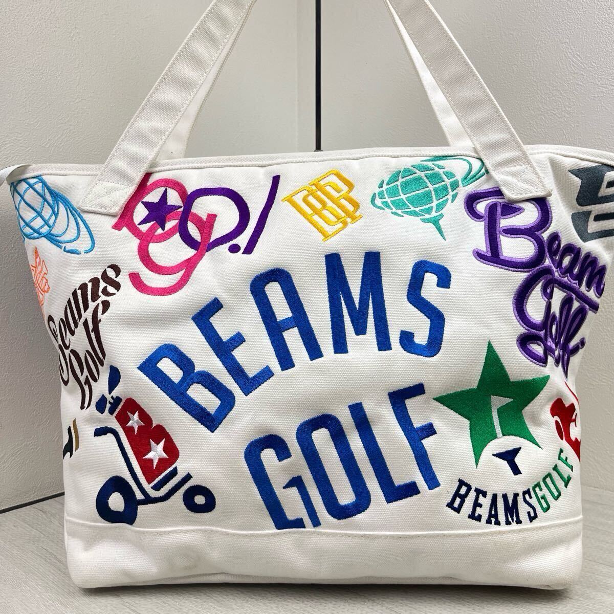 1円 大容量 希少 BEAMS GOLF ビームスゴルフ ゴルフバッグ トートバッグ カートバッグ 総柄 various キャンバス ホワイト 刺繍 メンズ