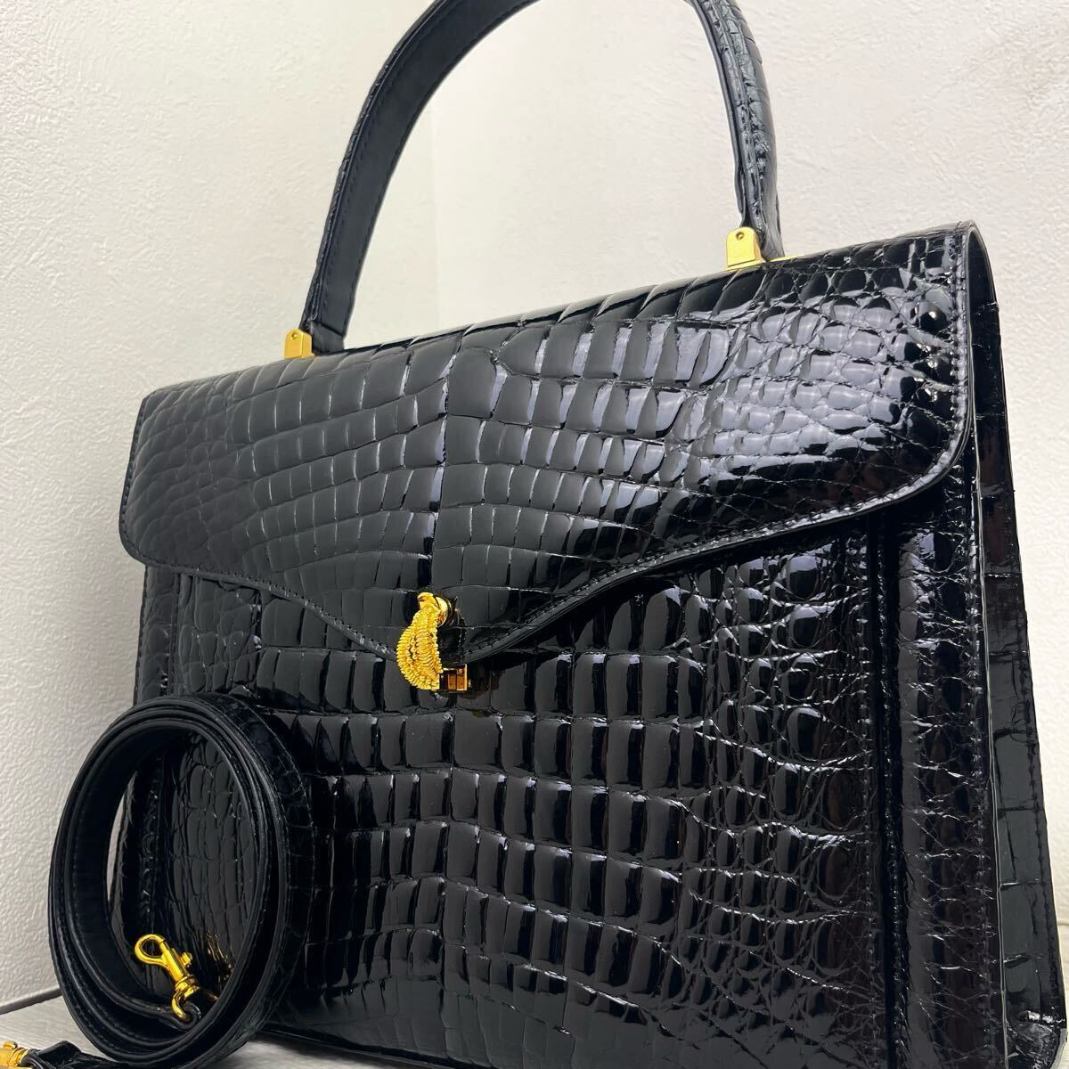 1円 極美品 クロコダイル ハンドバッグ ショルダーバッグ 2way シャイニング クロコ フォーマルバッグ トップハンドル 金具 センター取り