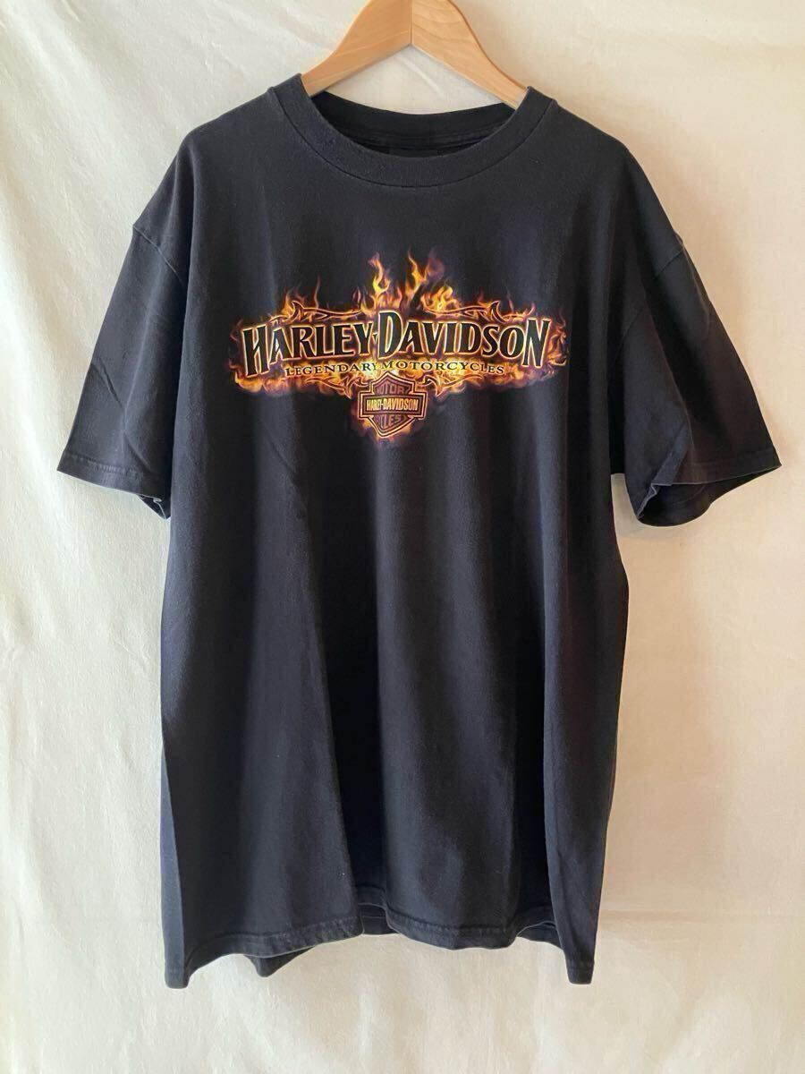 ヴィンテージ HARLEY DAVIDSON ハーレーダビッドソン Tシャツ ハーレーT ファイヤーパターン Lサイズ 黒 フェード 古著 ダイス