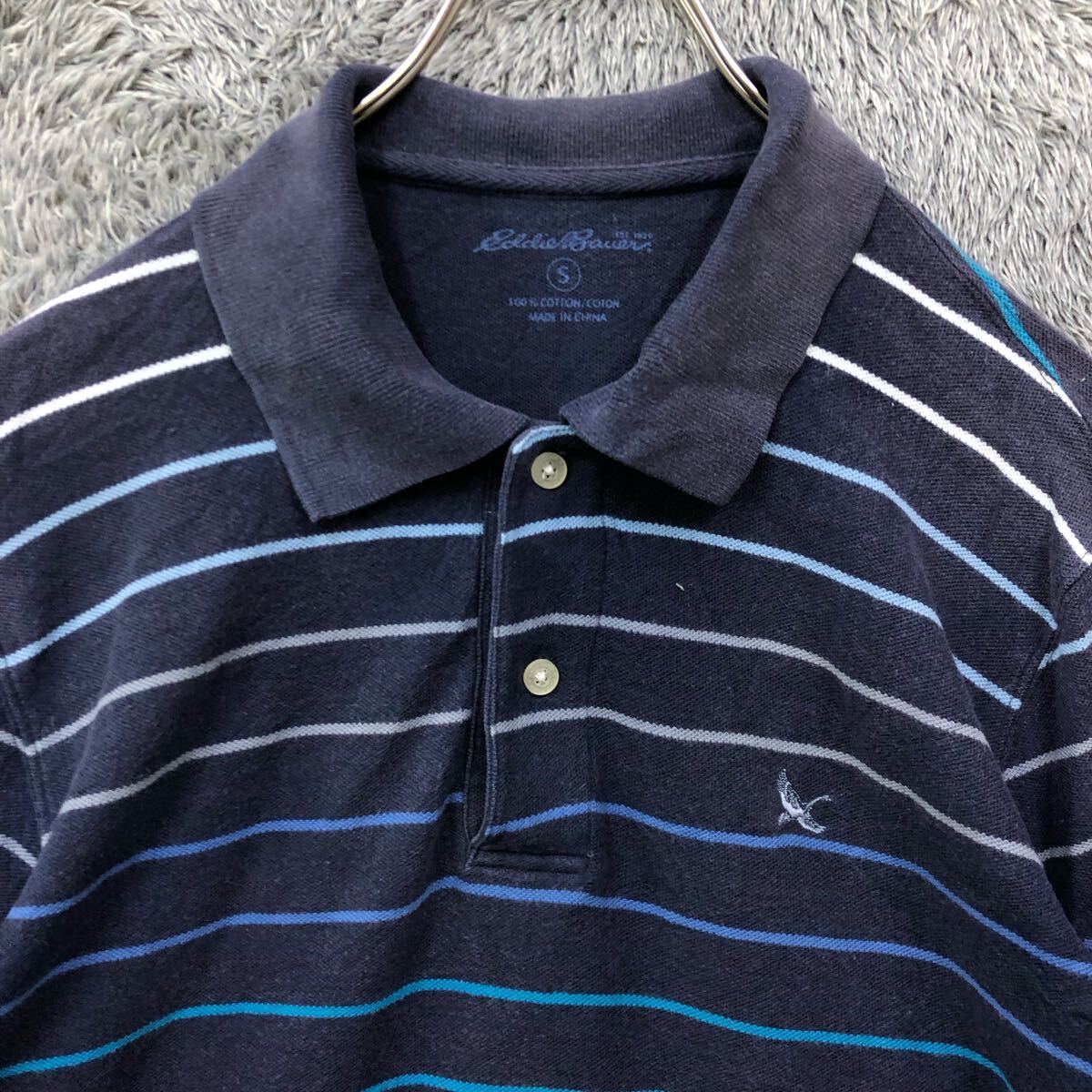 Eddie Bauer エディーバウアー ボーダー 半袖ポロシャツ 半袖シャツ 鹿の子 サイズS ネイビー 紺色 コットン メンズ トップス 最落なし（P