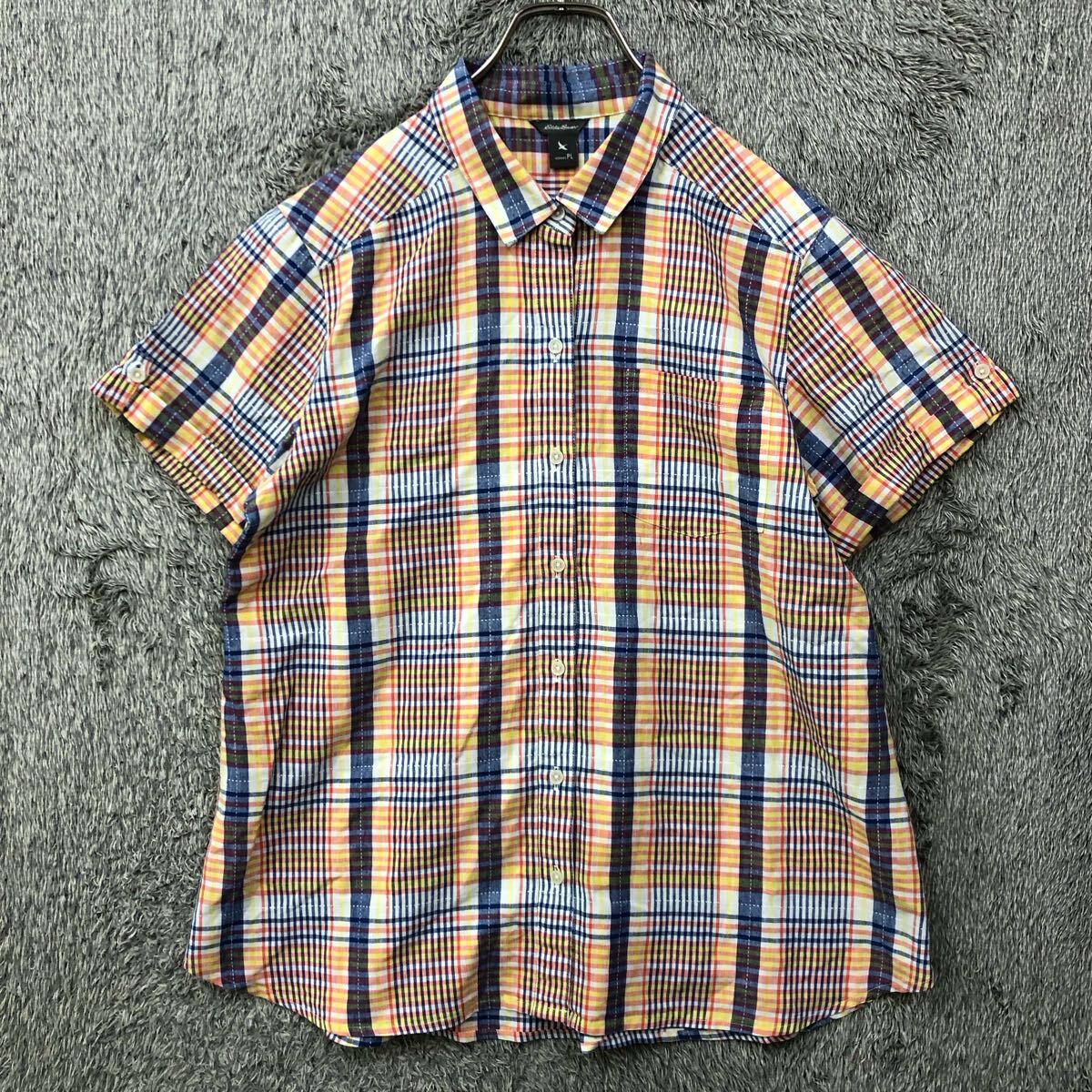 Eddie Bauer エディーバウアー 半袖シャツ サイズL マドラスチェック カラフル コットン 薄手 レディース トップス 最落なし（T）