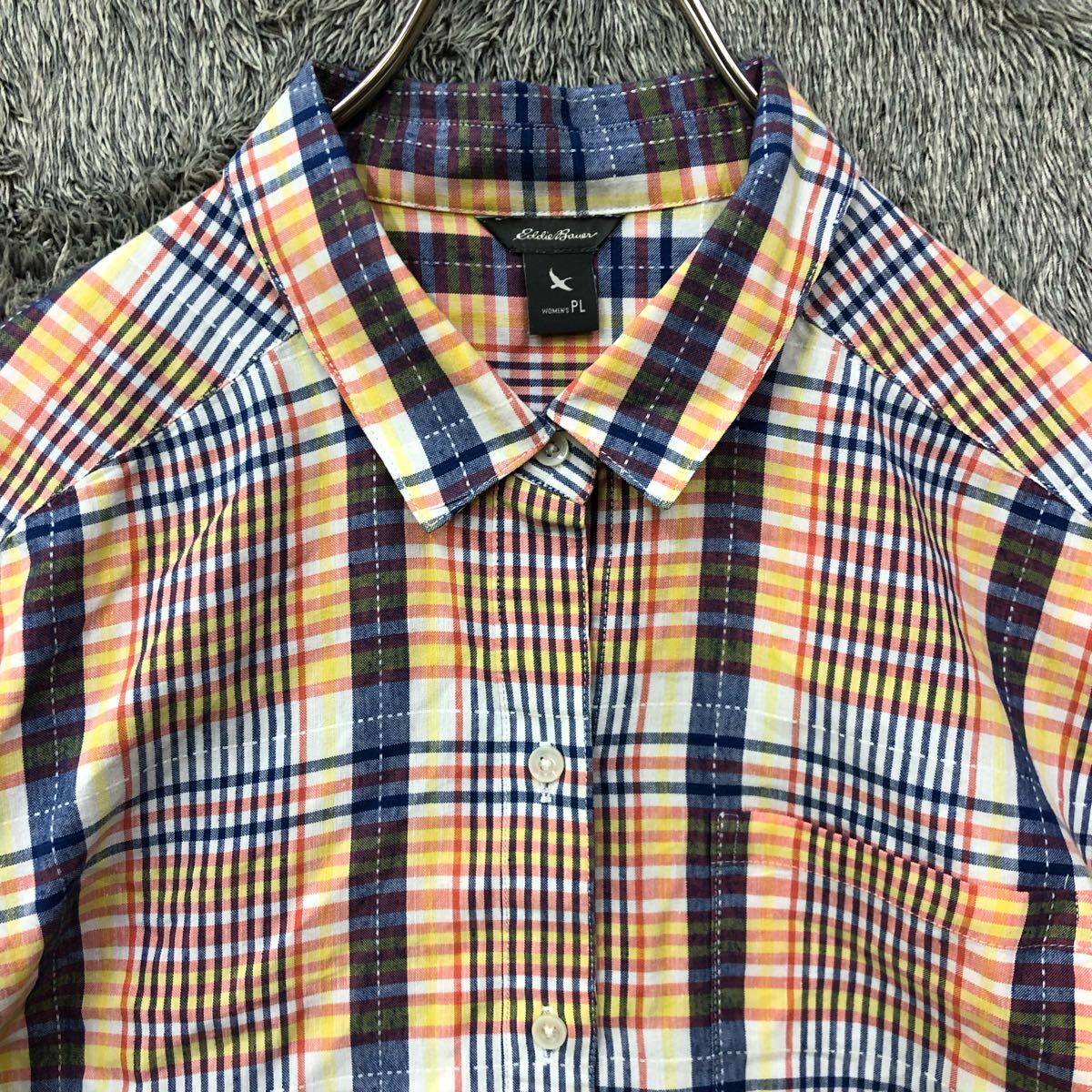 Eddie Bauer エディーバウアー 半袖シャツ サイズL マドラスチェック カラフル コットン 薄手 レディース トップス 最落なし（T）