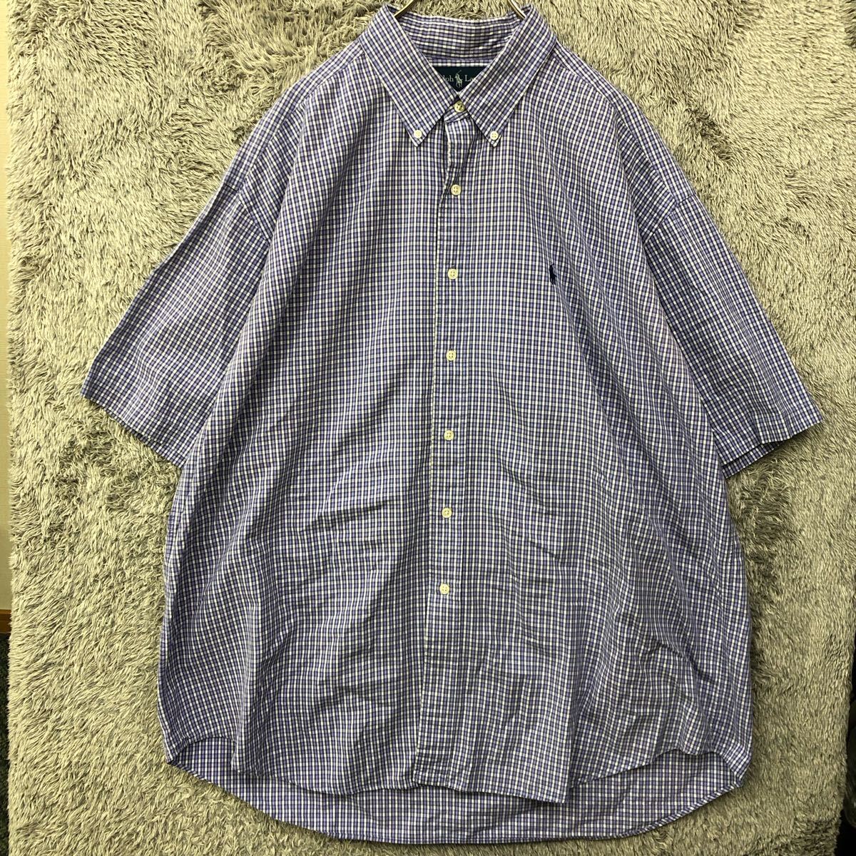 POLO RALPH LAUREN ポロラルフローレン 半袖シャツ サイズXXL ブルー 青 チェック柄 刺繍ロゴ コットン メンズ トップス 最落なし（Z）