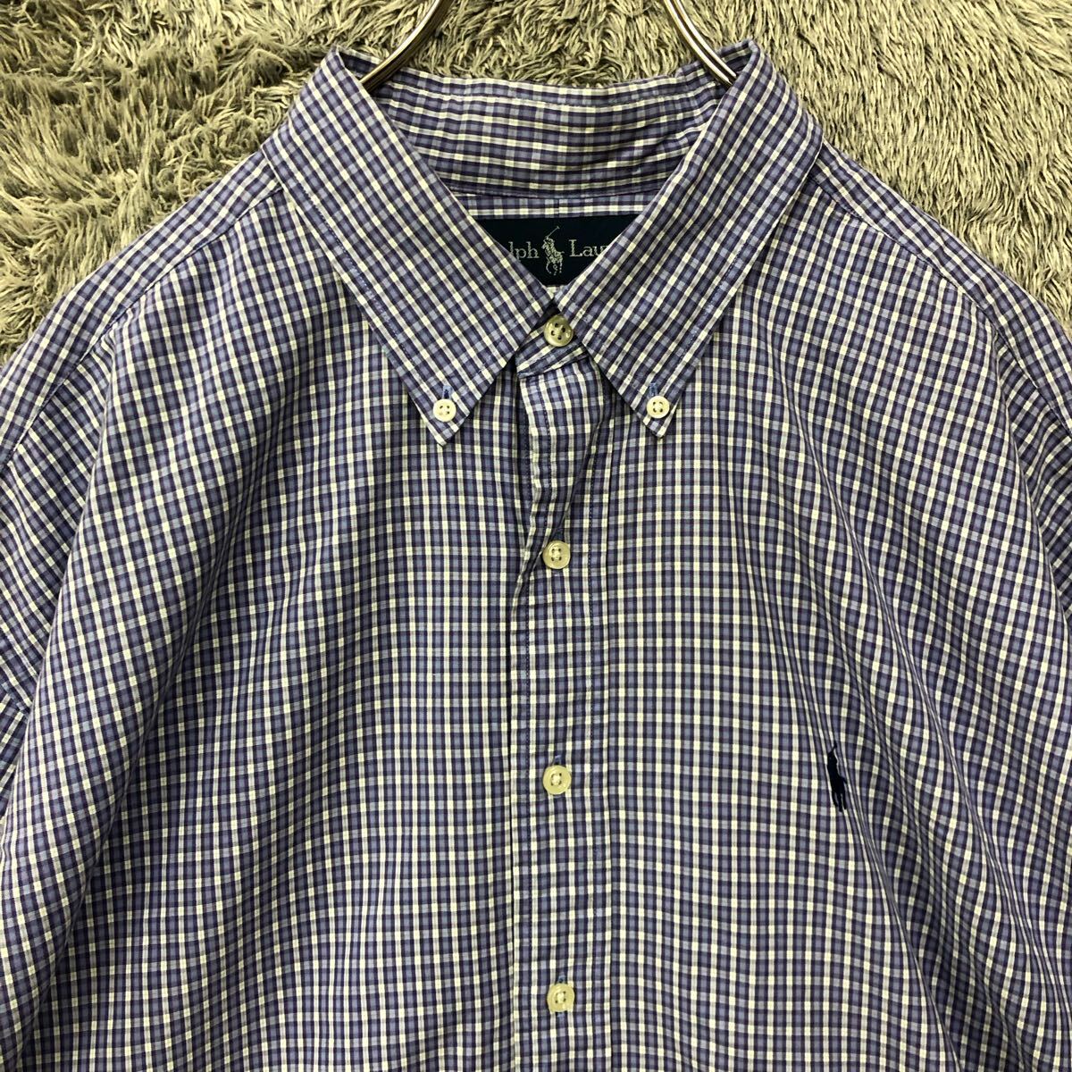 POLO RALPH LAUREN ポロラルフローレン 半袖シャツ サイズXXL ブルー 青 チェック柄 刺繍ロゴ コットン メンズ トップス 最落なし（Z）