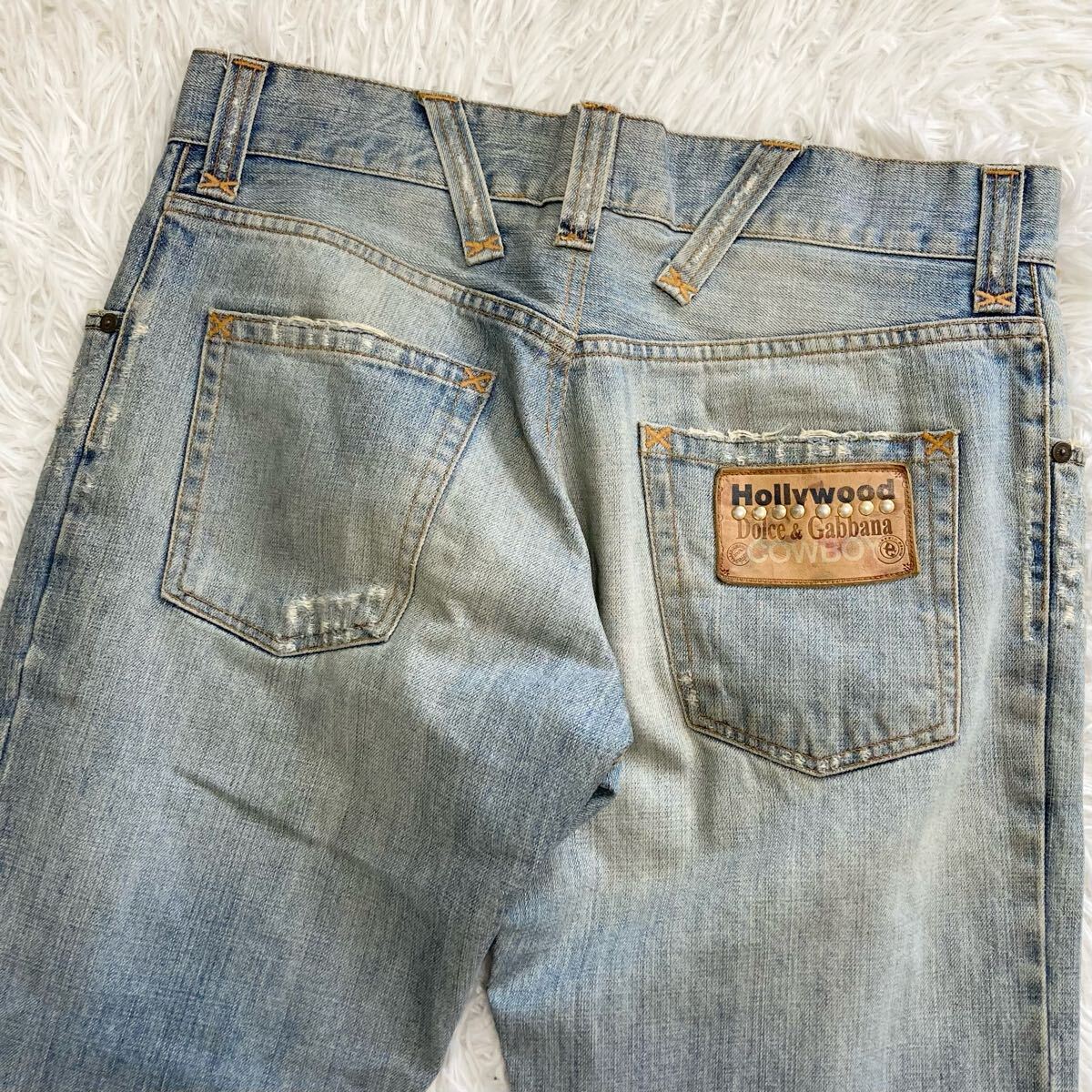 【美品●XL相當(dāng)】ドルチェ&ガッバーナ デニムパンツ メンズ レザーパッチ Hollywood スタッズ DOLCE&GABBANA ジーンズ ダメージ加工 50 青