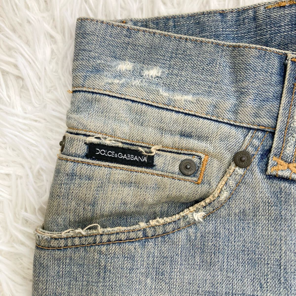 【美品●XL相當(dāng)】ドルチェ&ガッバーナ デニムパンツ メンズ レザーパッチ Hollywood スタッズ DOLCE&GABBANA ジーンズ ダメージ加工 50 青
