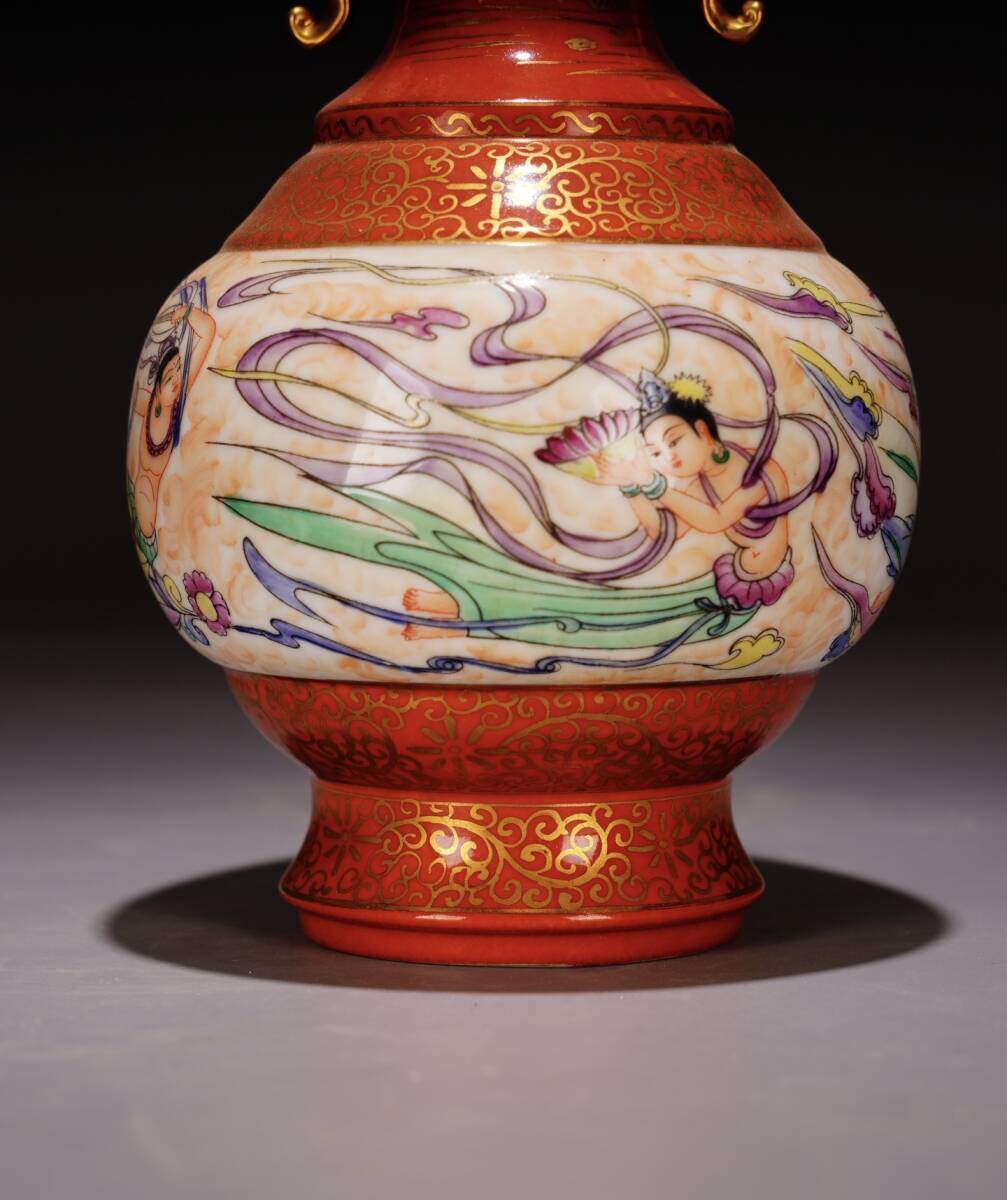 清代 雍正御製 古陶磁器 粉彩花瓶 描金 人物故事紋 賞物 双