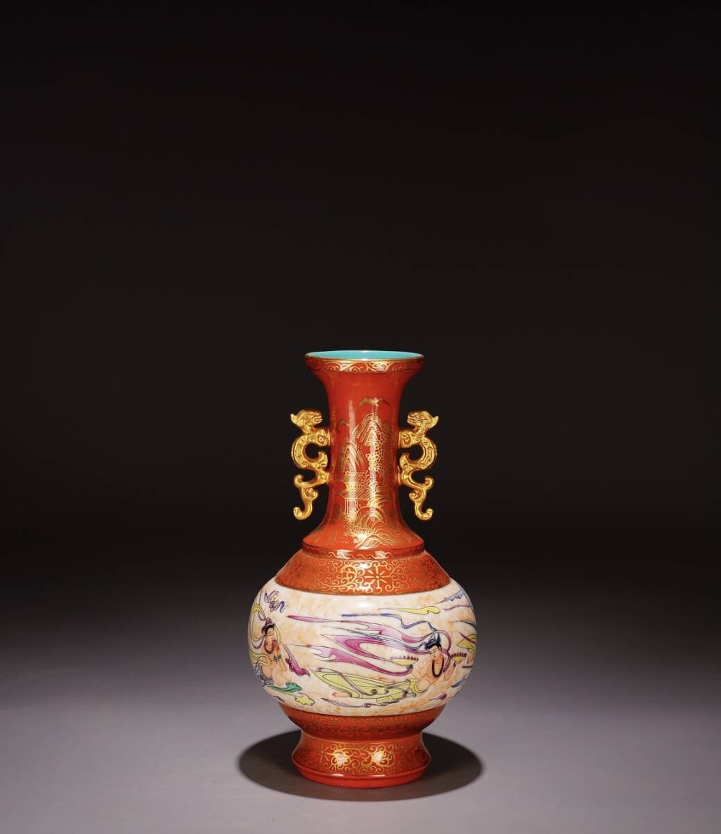 清代 雍正御製 古陶磁器 粉彩花瓶 描金 人物故事紋 賞物 双