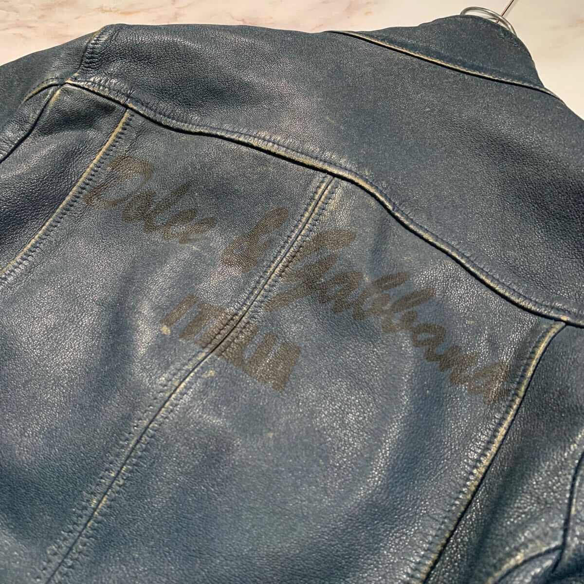 DOLCE&GABBANA ドルチェ＆ガッバーナ 山羊革 バックロゴ ビンテージ加工 ゴートレザー ジャケット ブルー 48 國(guó)旗ワッペン 里地ロゴ総柄