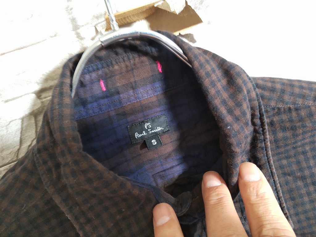 men's I826 P.S. Paul Smith ポールスミス ギンガムチェック 7分丈 シャツ S ダークブラウン/ブラック ネコポス発送可