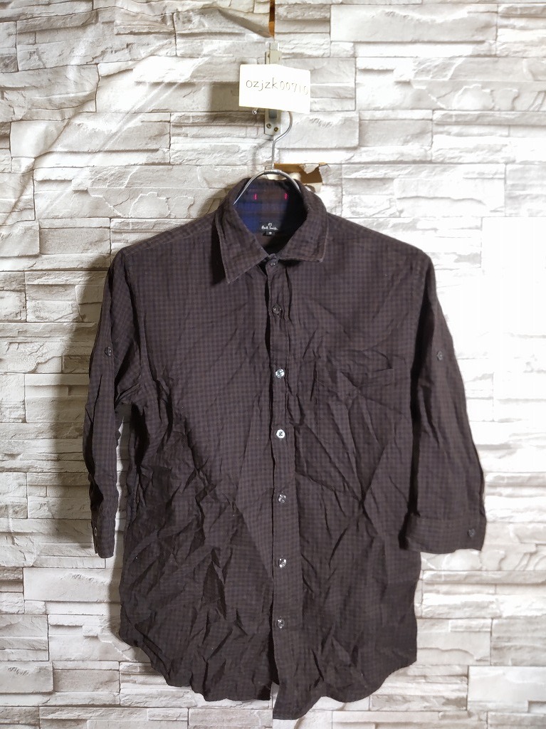 men's I826 P.S. Paul Smith ポールスミス ギンガムチェック 7分丈 シャツ S ダークブラウン/ブラック ネコポス発送可