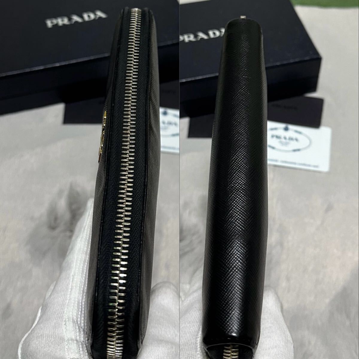 PRADA プラダ 長(zhǎng)財(cái)布 ラウンドファスナー ロゴ金具 サフィアーノレザー ブラック ウォレット