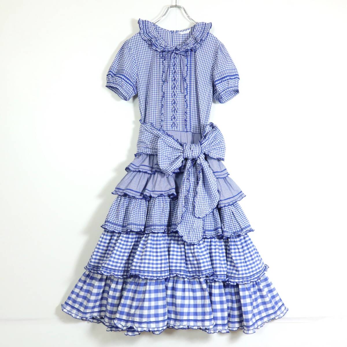 【1円スタート！美品】ピンクハウス★豪華！かぶせ段々&パッチワーク ワンピース レースアップ&はしごレース?青系＊z13790