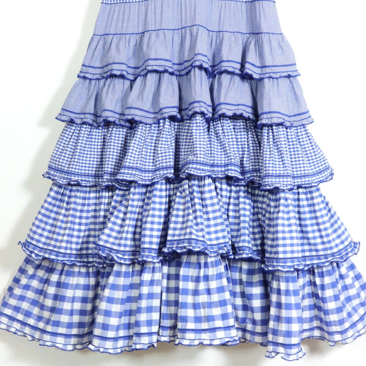 【1円スタート！美品】ピンクハウス★豪華！かぶせ段々&パッチワーク ワンピース レースアップ&はしごレース?青系＊z13790