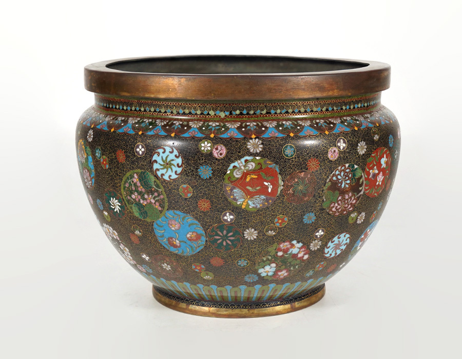 簡】 超絶技巧！ 明治期七宝上手作品丸紋花々文唐草七宝大香炉W24.6cm