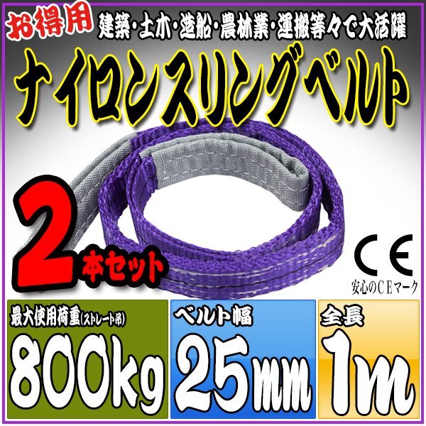 スリングベルト2本セット 1m 幅25mm 使用荷重800kg 0.8t 吊りベルト ベルトスリング ［ナイロンスリング 吊上げ ロープ 牽引 運(yùn)搬］