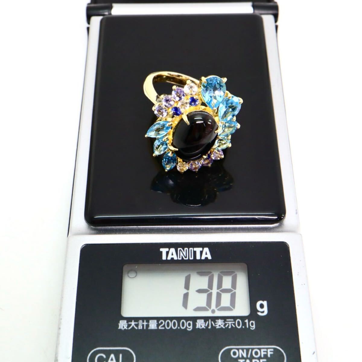 K18!!7.11/5.39ct!!so есть (GGSJ)* натуральный silima Night кошачий глаз / натуральный сапфир / натуральный топаз кольцо *U примерно 13.8g примерно 20 номер ring FA5/ W88