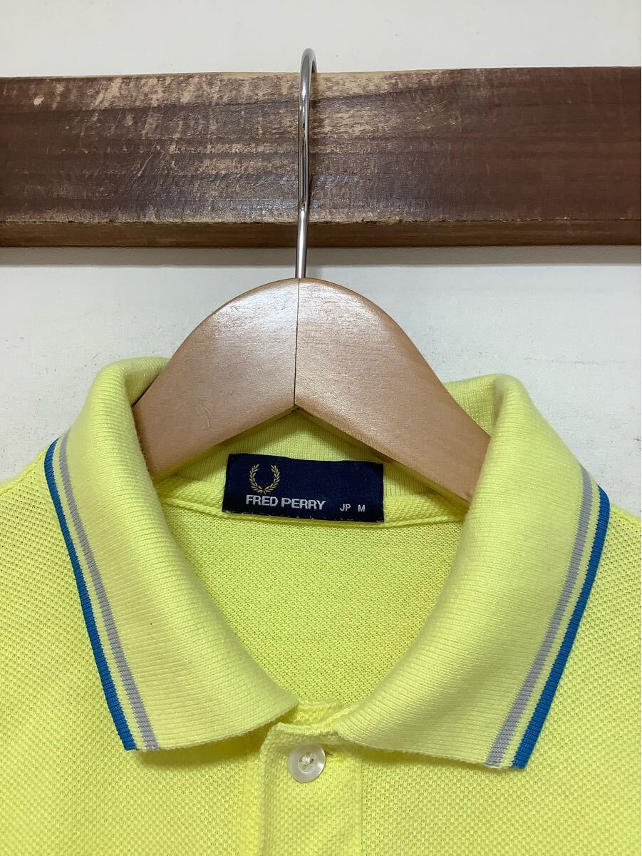 そ1616 FRED PERRY フレッドペリー 半袖ポロシャツ 鹿の子 M イエロー ロゴ刺繍 日本制 襟ライン