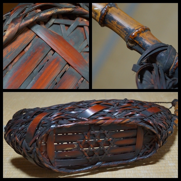 明治期 古竹編 舟形大型花籠 網代細工花籠 花器花入 花生 全長さ60cm 閑】明治期 古竹編 舟形大型花籠 網代細工花籠 花器 花入