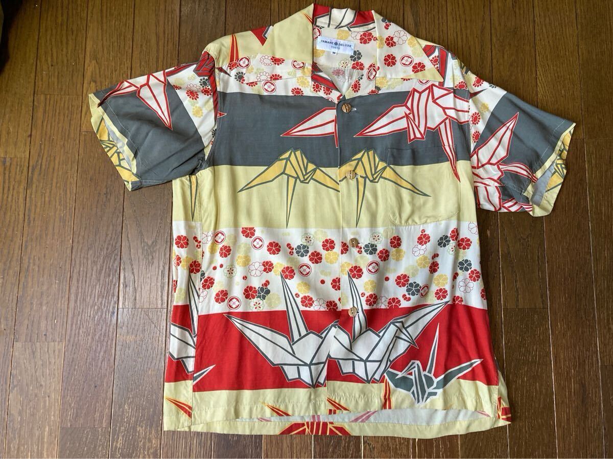 エヴィス EVISU YAMANE　アロハシャツ　和柄　折り鶴　レーヨン　38