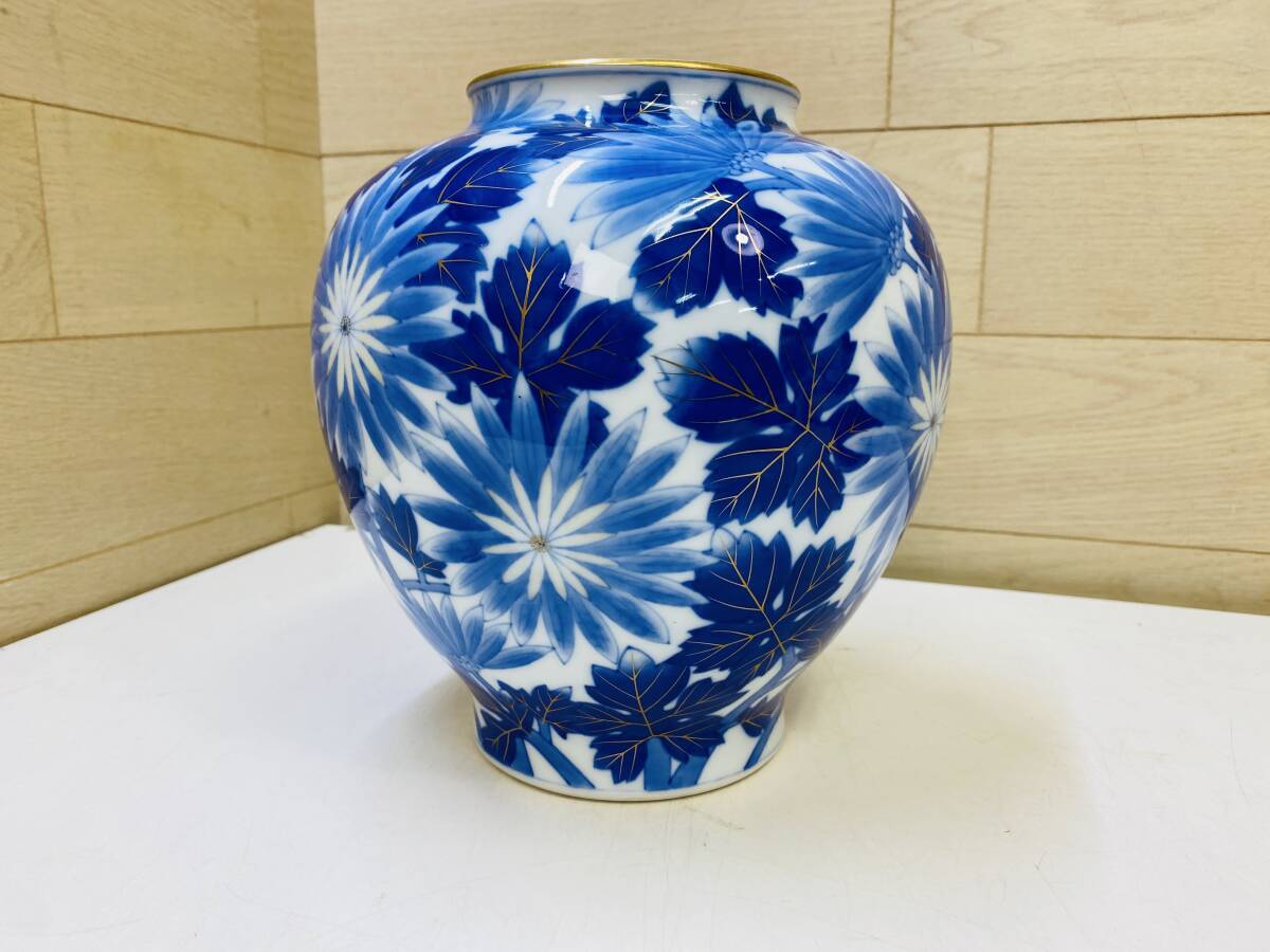 オールド香蘭社 染付金彩 菊花文 花瓶 花入 飾壷 25cm 飾壺 壷
