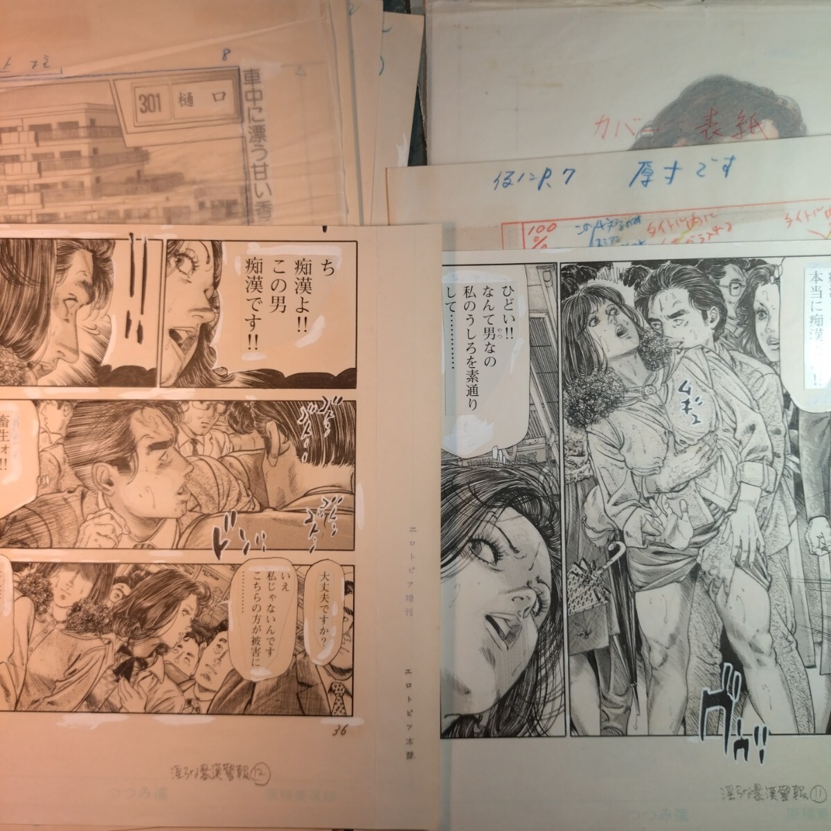 エロトピア増刊つつみ進「欲望の電車」1冊、直筆畫稿 4色フルカラー表紙イラスト1「犯されて」バラ稿2色カラー2、活版12+、刷り出し1冊。