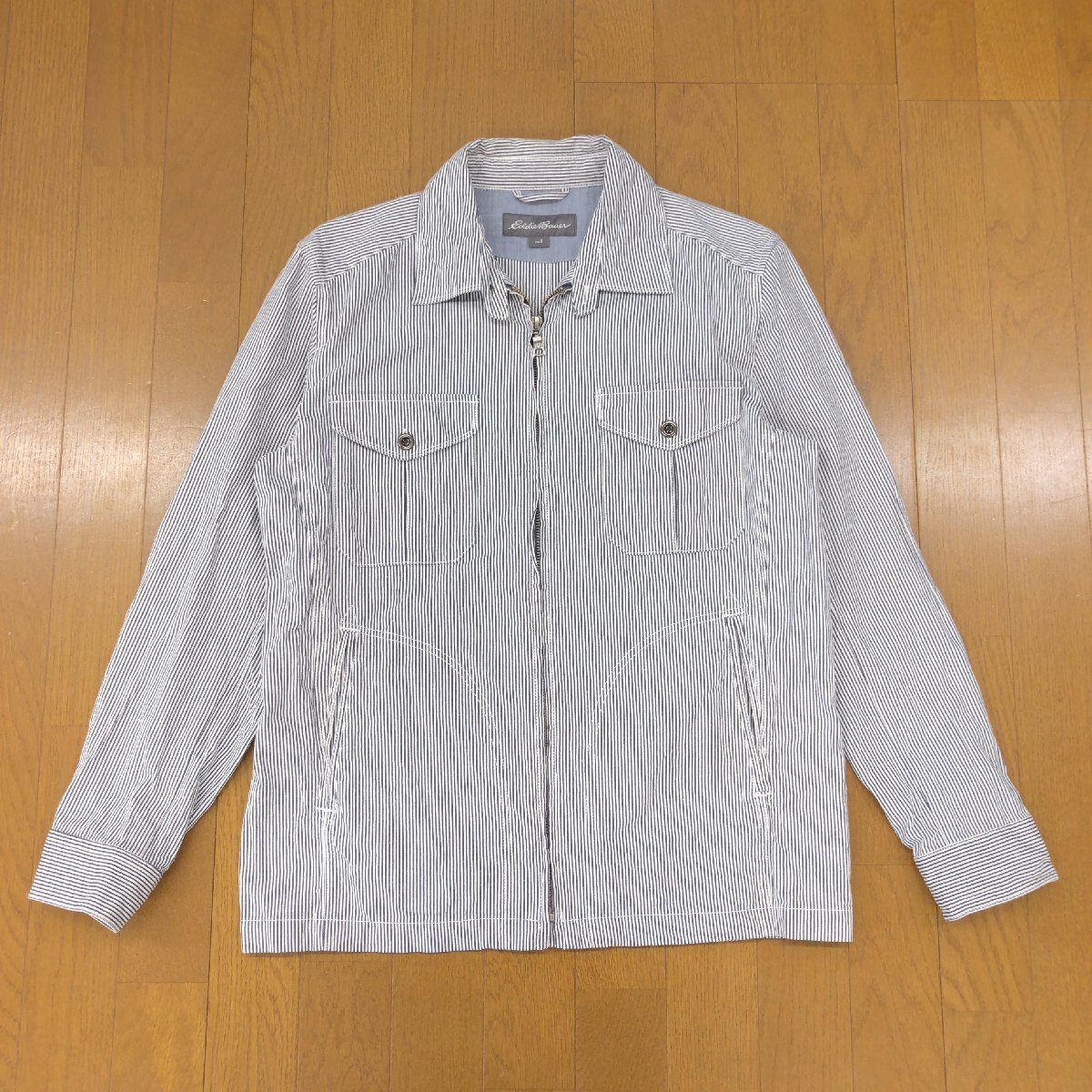 ●Eddie Bauer エディーバウアー 綿麻 コットンリネン ワークジャケット S(JP:M相當(dāng)) 白×紺 ブルゾン カバーオール アメカジ アウトドア