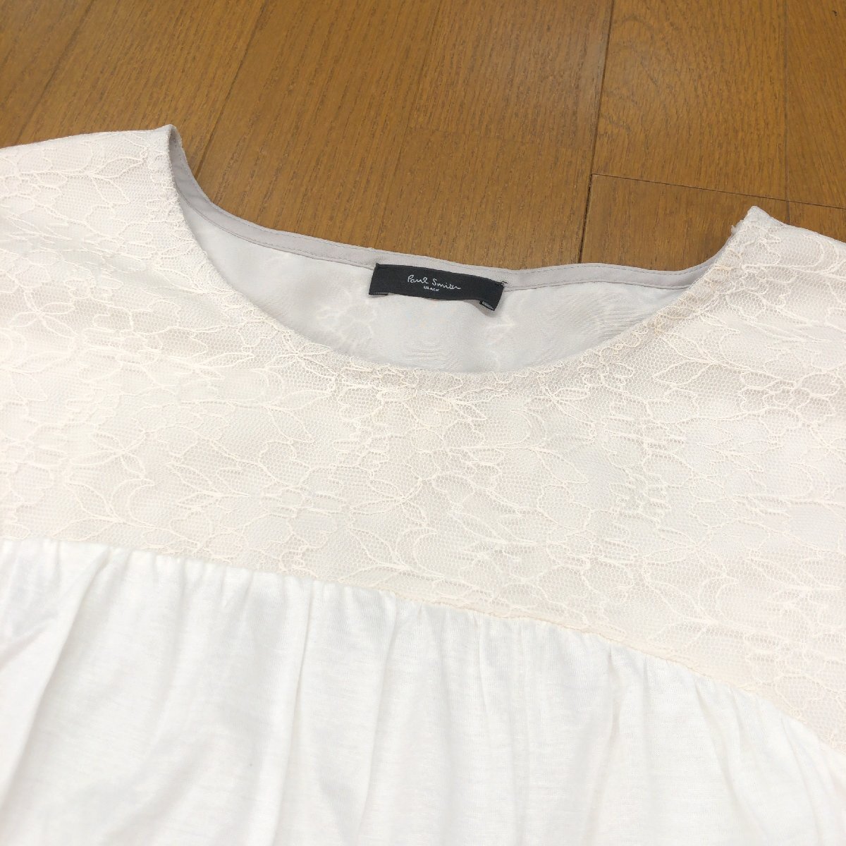 Paul Smith BLACK ポールスミス レース ドッキング フレンチスリーブ フレアカットソー M 白 ホワイト 日本製 Tシャツ 半袖 レディース_画像4