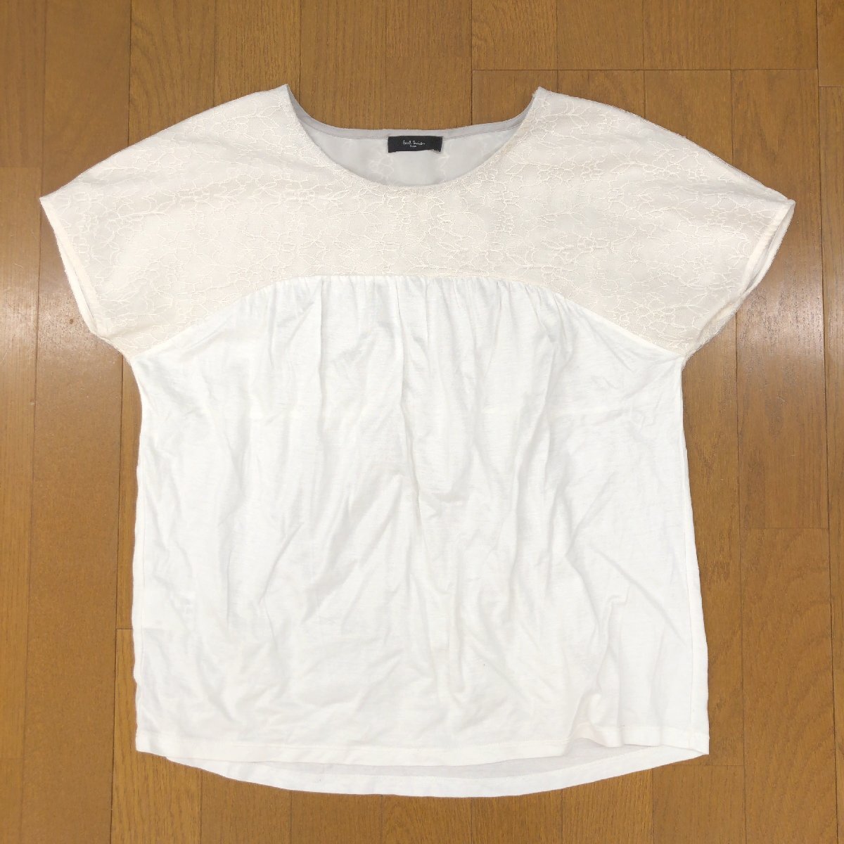 Paul Smith BLACK ポールスミス レース ドッキング フレンチスリーブ フレアカットソー M 白 ホワイト 日本製 Tシャツ 半袖 レディース_画像1