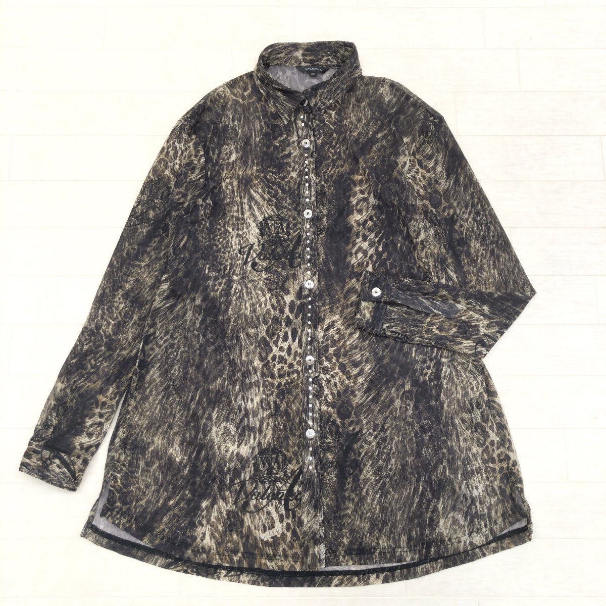 美品 VALENZA バレンザ ビジュー装飾 ヒョウ柄 メッシュ ロング