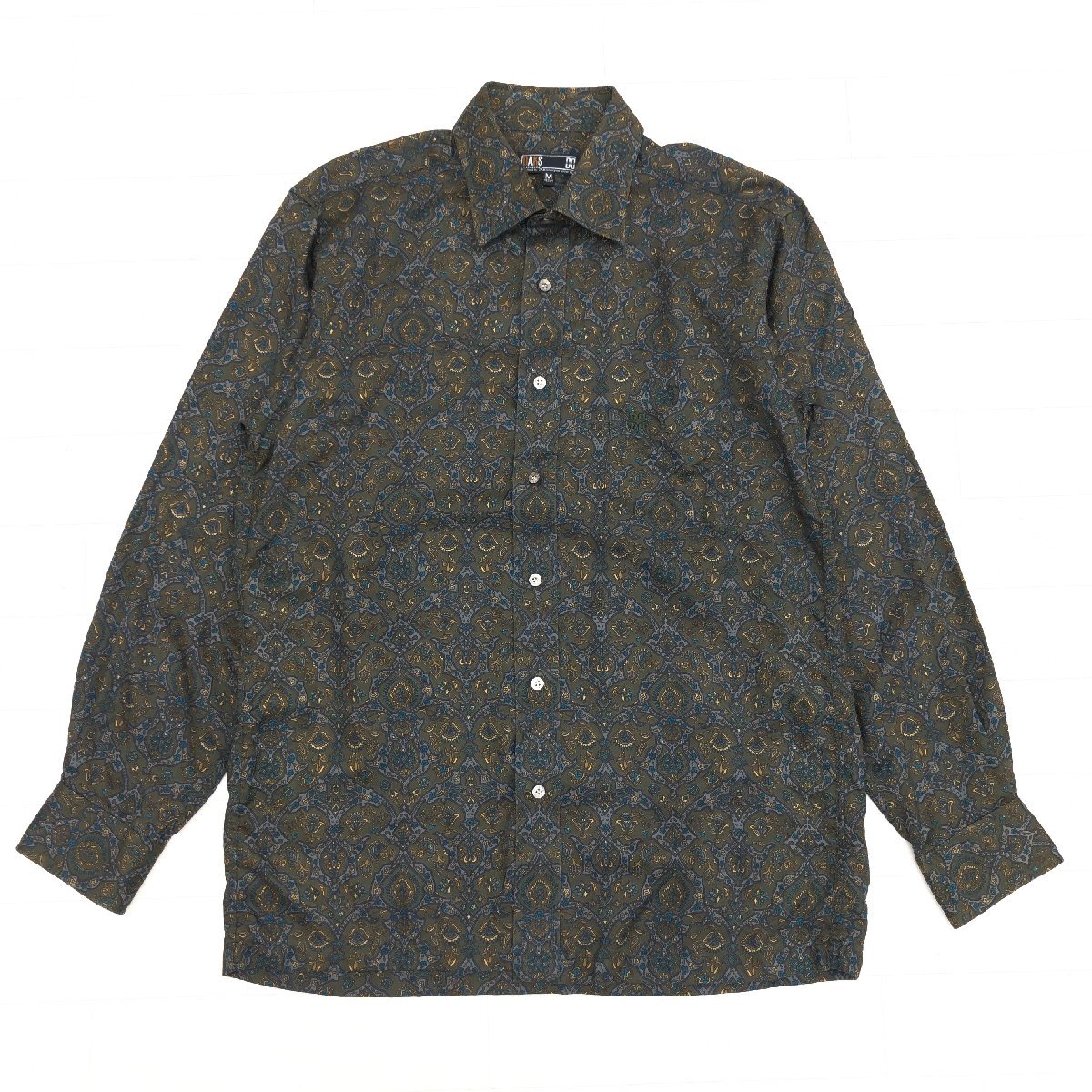 90's DAKS ダックス 総柄 高級(jí)シルク100% ロングスリーブ シャツ M モスグリーン 長(zhǎng)袖 CHOYA制 ヴィンテージ 古著 レトロ メンズ 紳士