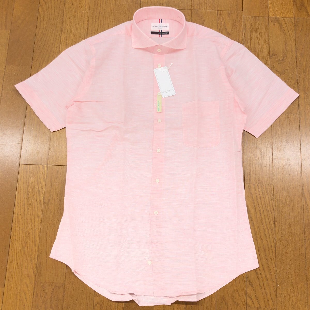 新品 JOHN PEARSE ジョンピアース BE ANEW 麻 リネン混 ホリゾンタルカラー ドレスシャツ 41(L) ピンク系 半袖 スリム ワイシャツ 未使用