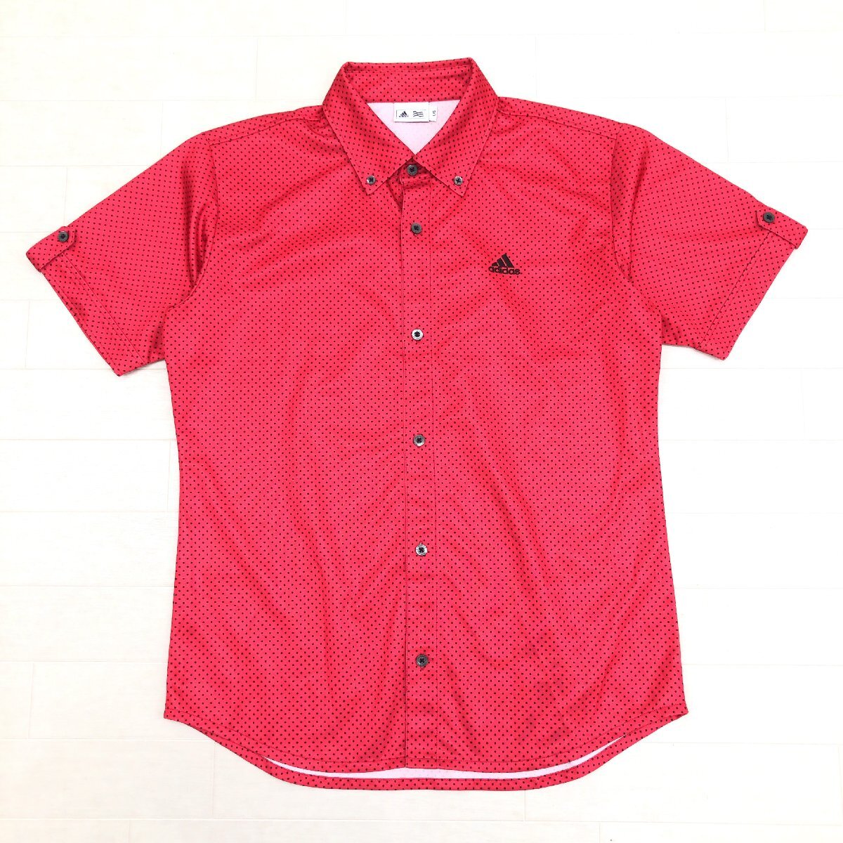 adidas GOLF アディダスゴルフ ドット柄 水玉 吸水速干 ドライ ストレッチ B.D. ゴルフシャツ L 赤 レッド 半袖 ロゴ刺繍 ゴルフウェア