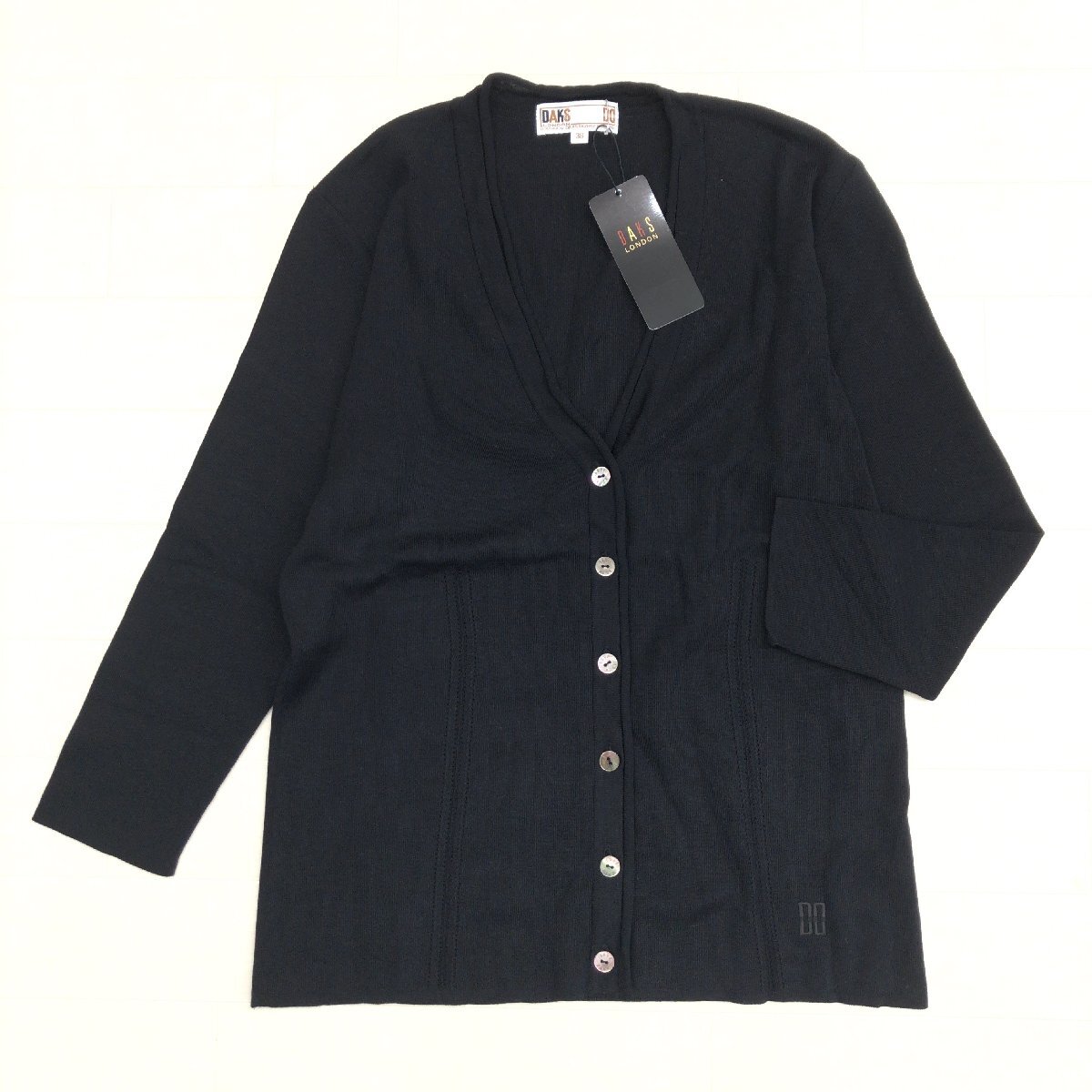 新品 DAKS ダックス コットン100% ロゴ刺繍 Ｖネック サマーニット カーディガン 38(M) 黒 ブラック 日本制 羽織り 婦人 三共生興 未使用