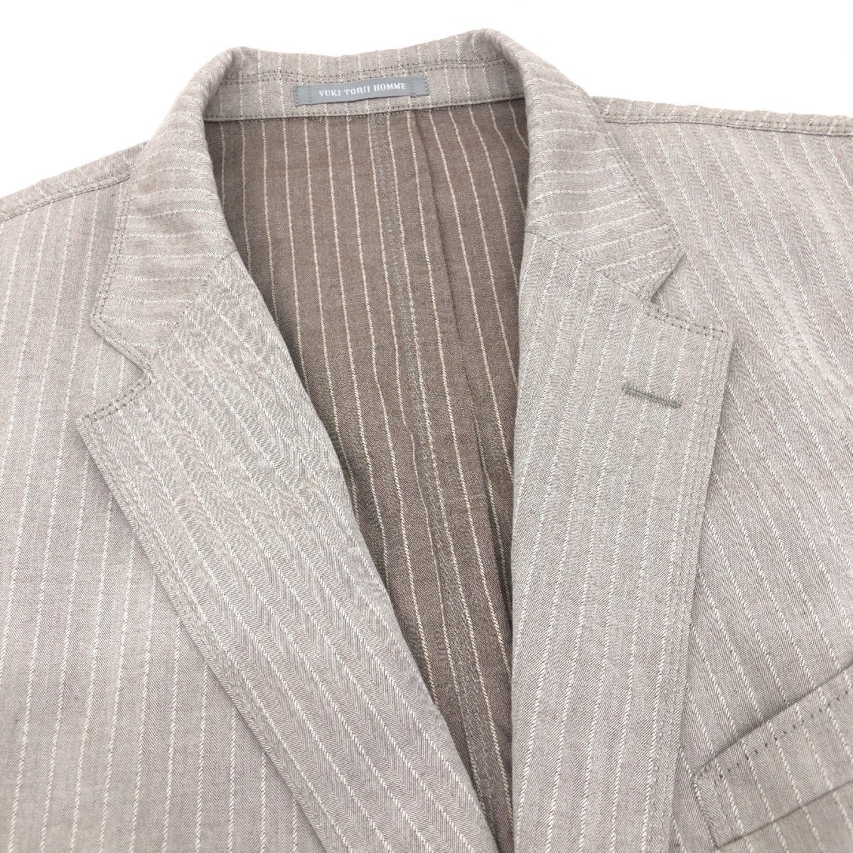 ●YUKI TORII HOMME ユキトリイオム 綿麻 コットンリネン 2B テーラードジャケット BE6 ブラウン系 ストライプ 羽織り 特大 大きいサイズ