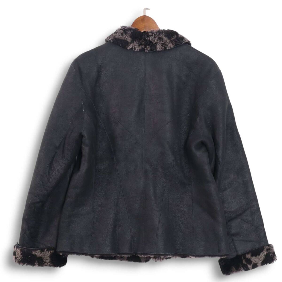 ville d'azur ビルダジュール 秋冬 アニマル柄 ボア♪ 羊革 毛皮 リアル ムートン ジャケット コート Sz.40 レディース 黒_画像4