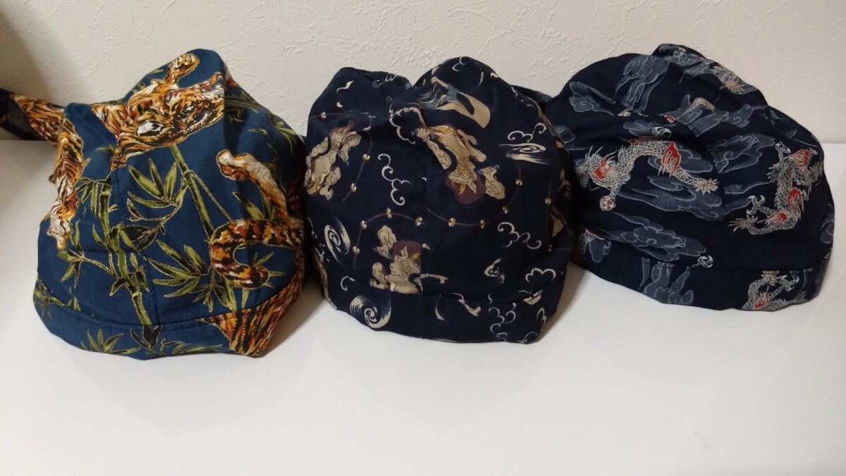 ★バンダナキャップ★ハンドメイド　まとめ売り　和柄　竜と炎　風(fēng)神雷神　トラ　紺