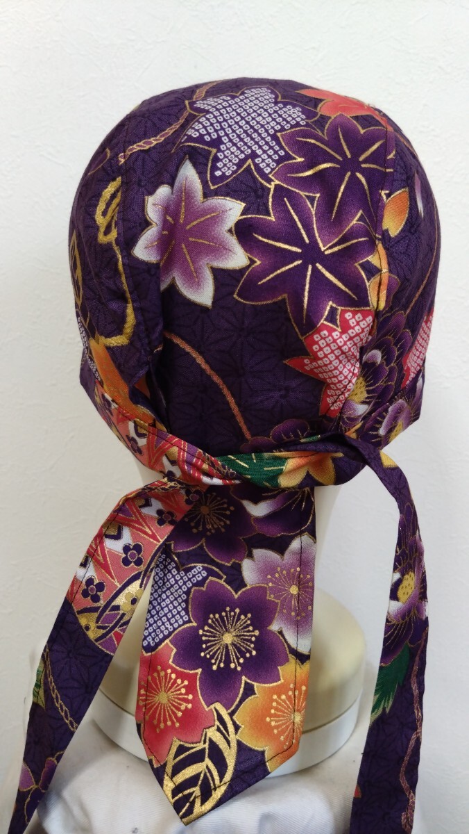 ★バンダナキャップ★ハンドメイド　和柄　花柄　牡丹　梅　まり　紫